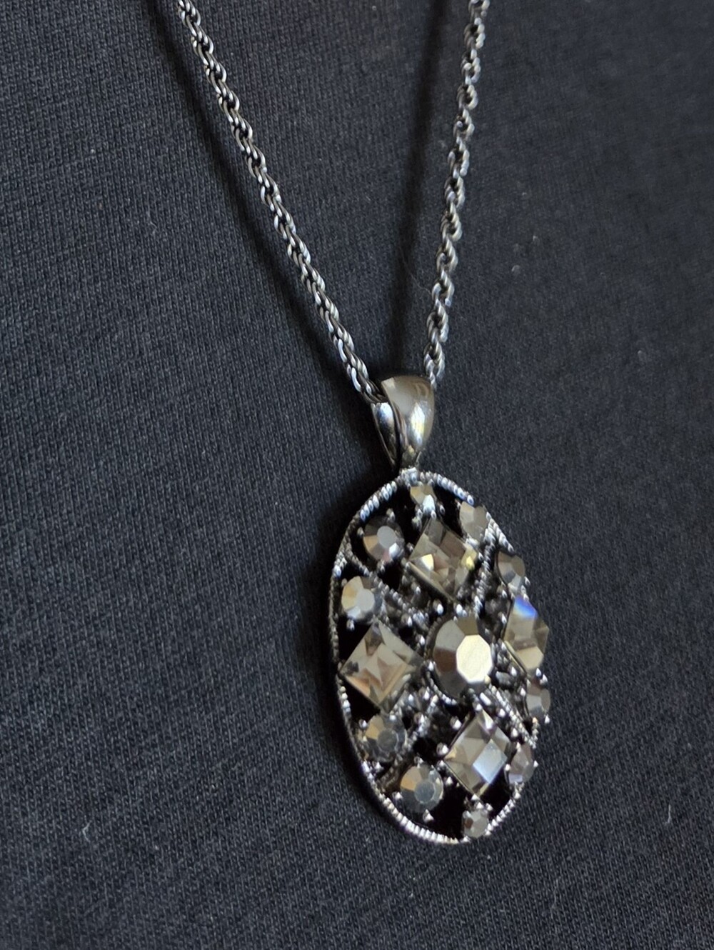 gunmetal hematite crystal oval pendant necklace dark metallic rope chain statem
